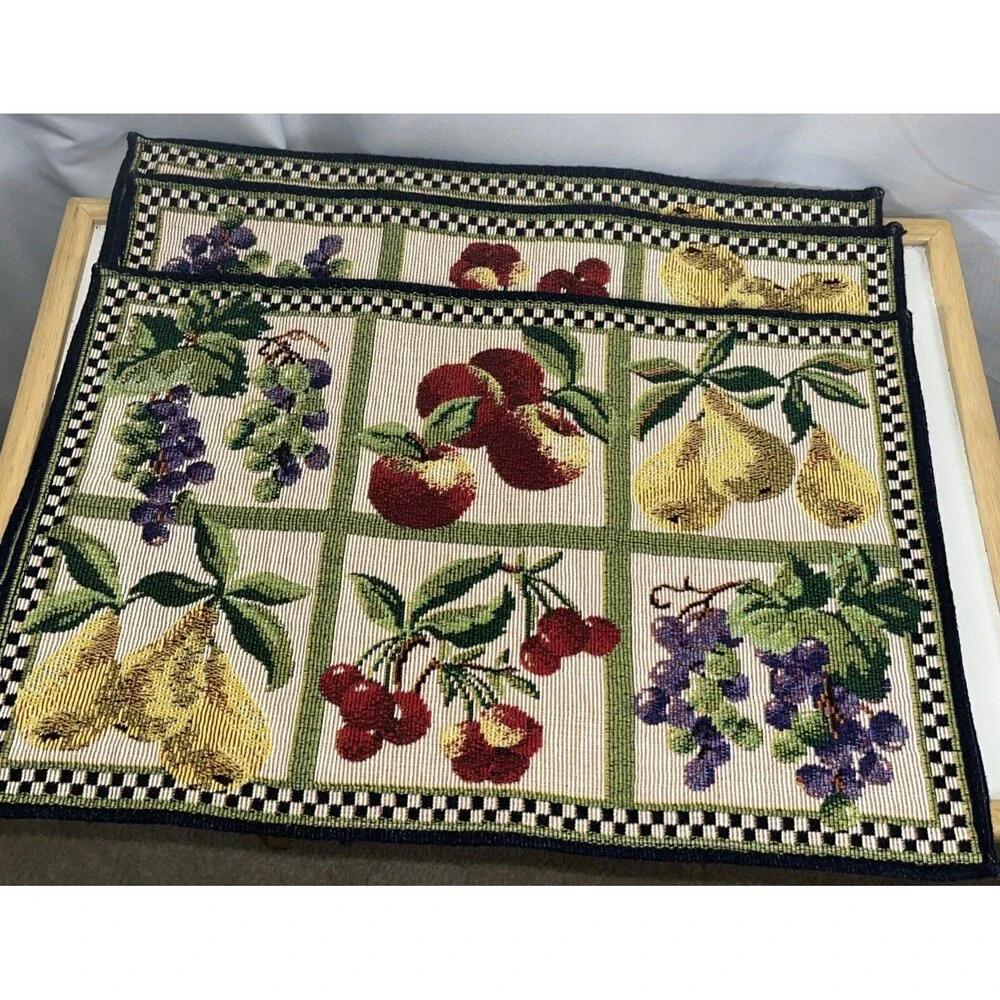 Set 3 Decorative Woven Textile Tapestry Placemats 12x19 Checkered Pears Apples
